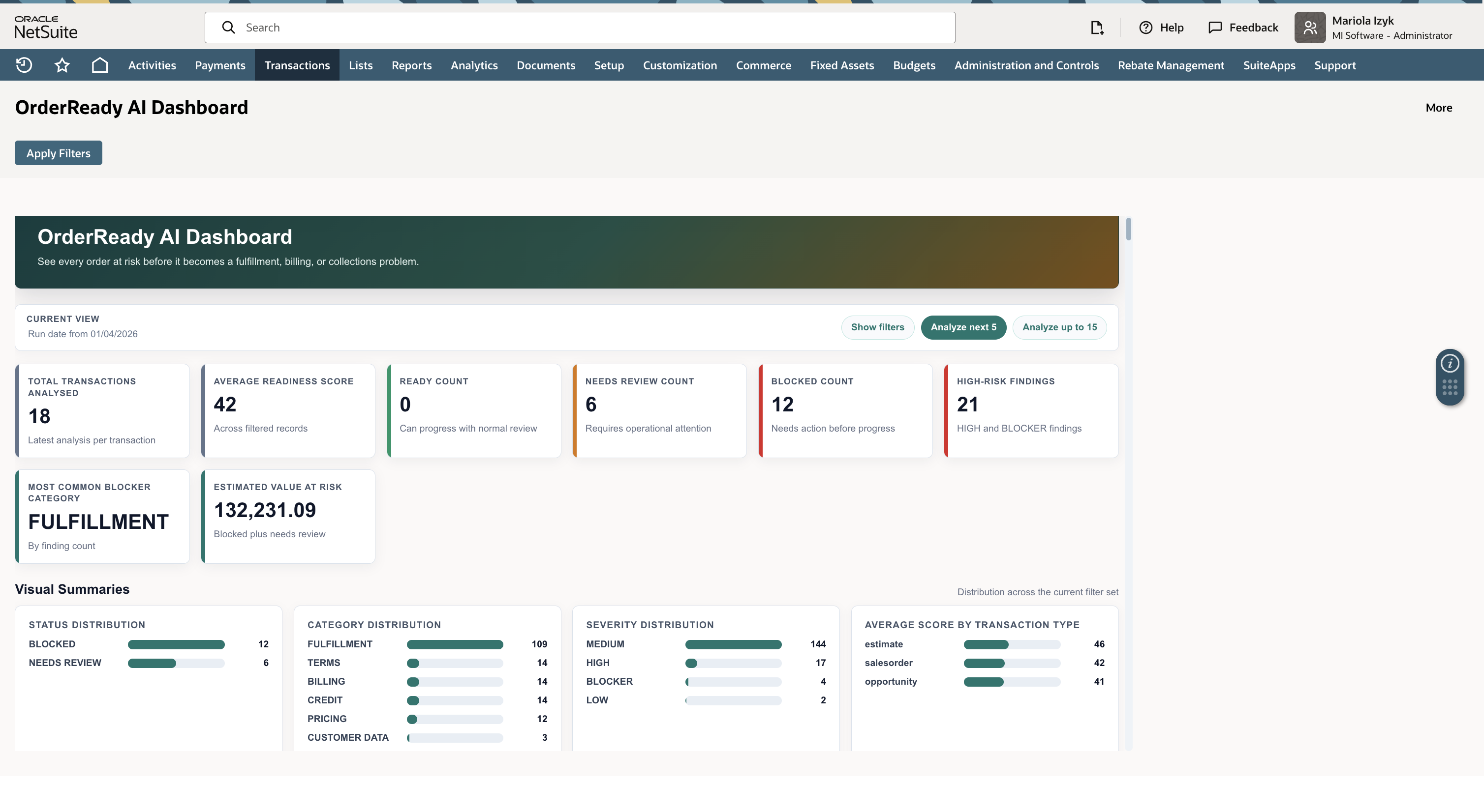 OrderReady AI dashboard showing transaction readiness checks