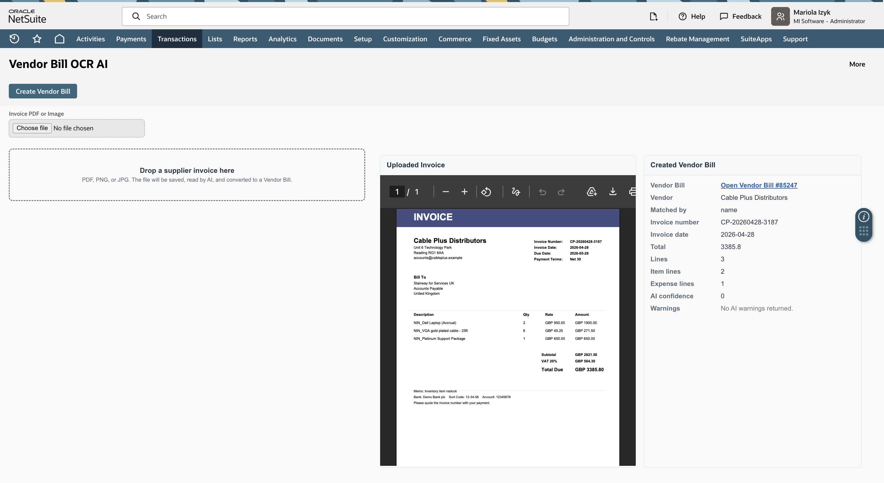 Invoice and expense bill capture screen with extracted fields for review